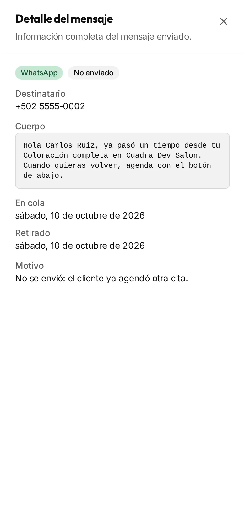 Detalle de un recordatorio retirado, con el estado Retirado y el motivo.