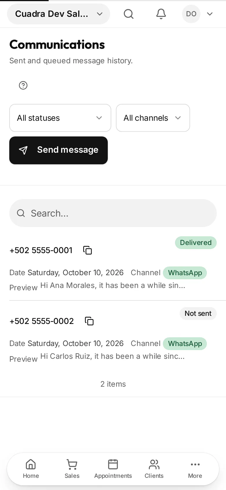 Communications list on a phone with one delivered reminder and one not sent.