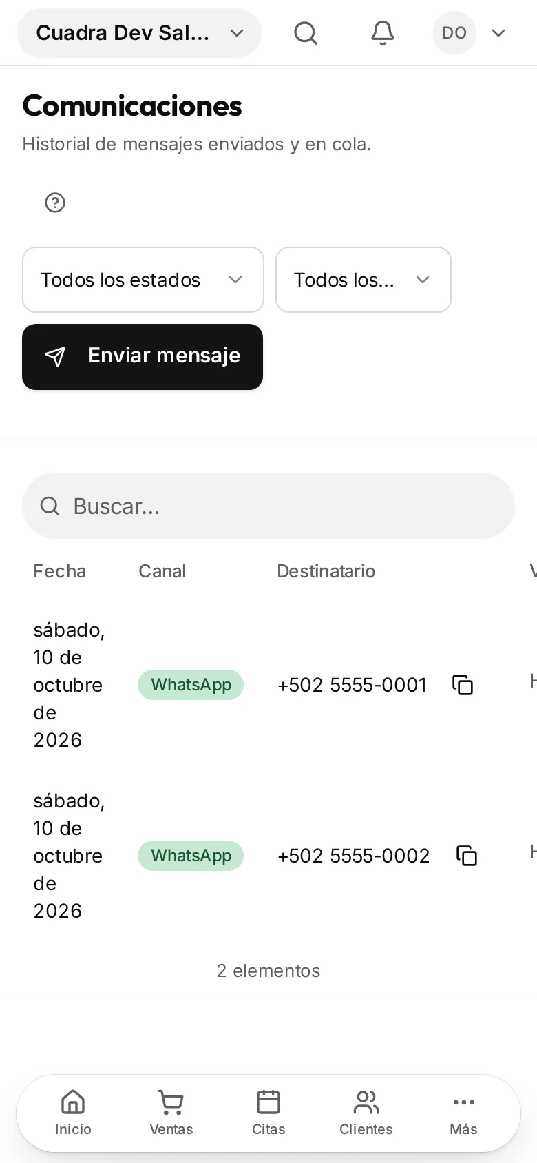 Lista de Comunicaciones en el teléfono con un recordatorio entregado y otro no enviado.