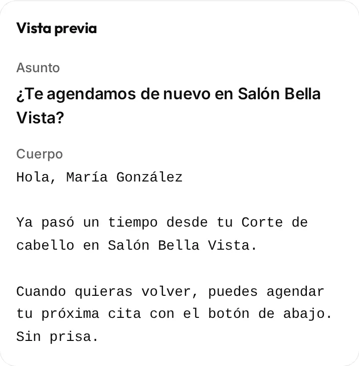 Vista previa del mensaje del recordatorio, con el asunto y el texto ya con los datos del cliente.